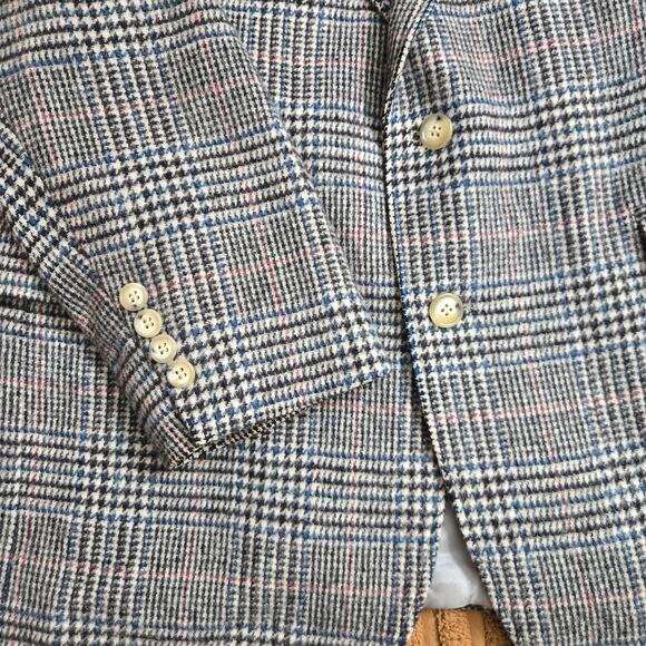 Vtg 90s Men Prince of Wales Check Tweed Prep Classic Wool Blazer Sport Coat 44L - Picture 3 of 11